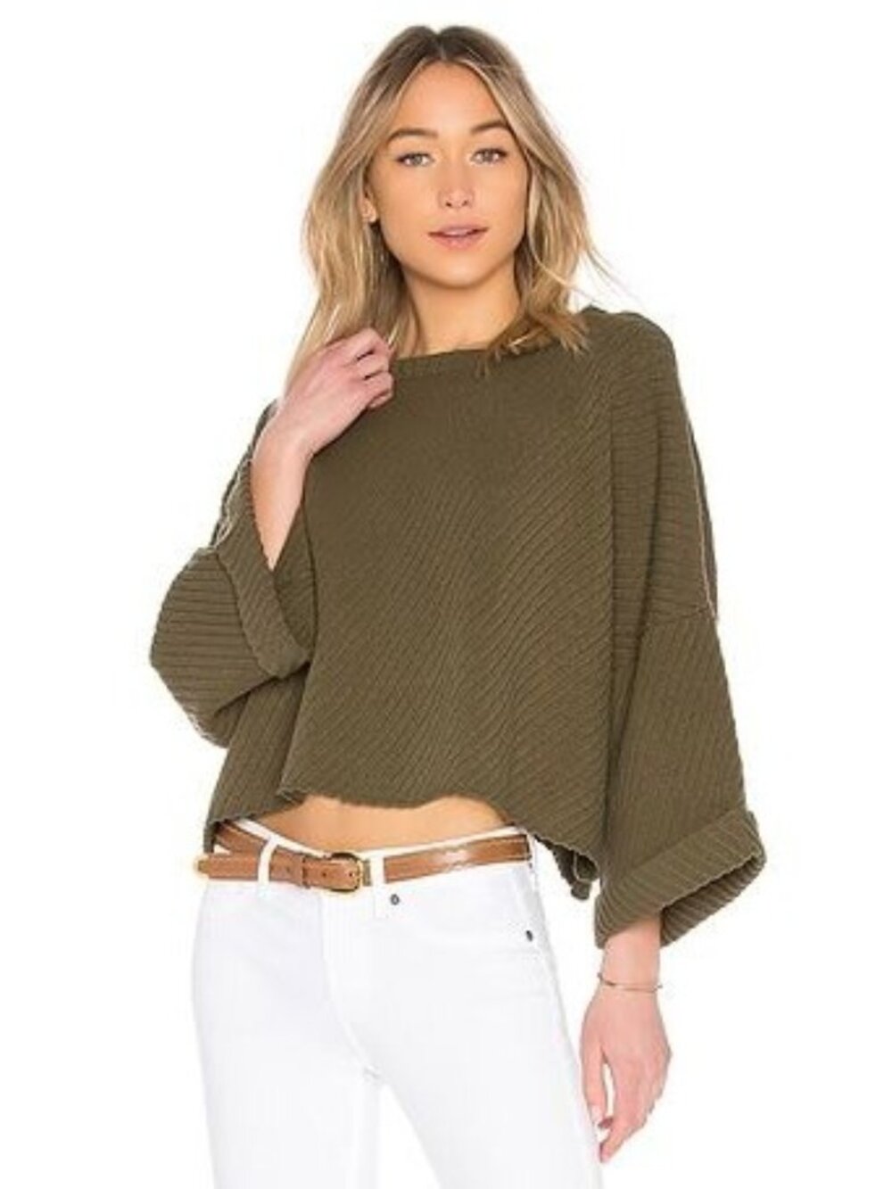 Free People Womens Green Ribbed Oversized Slouchy Crop I Cant Wait Sweater Small